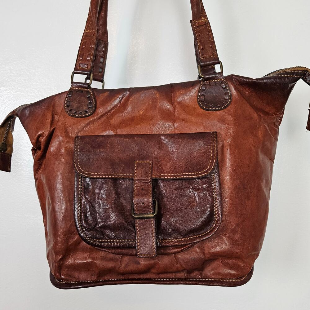 Noonday Collection Leather Zip‎ Top Shoulder Bag Purse Cognac Brown Tote